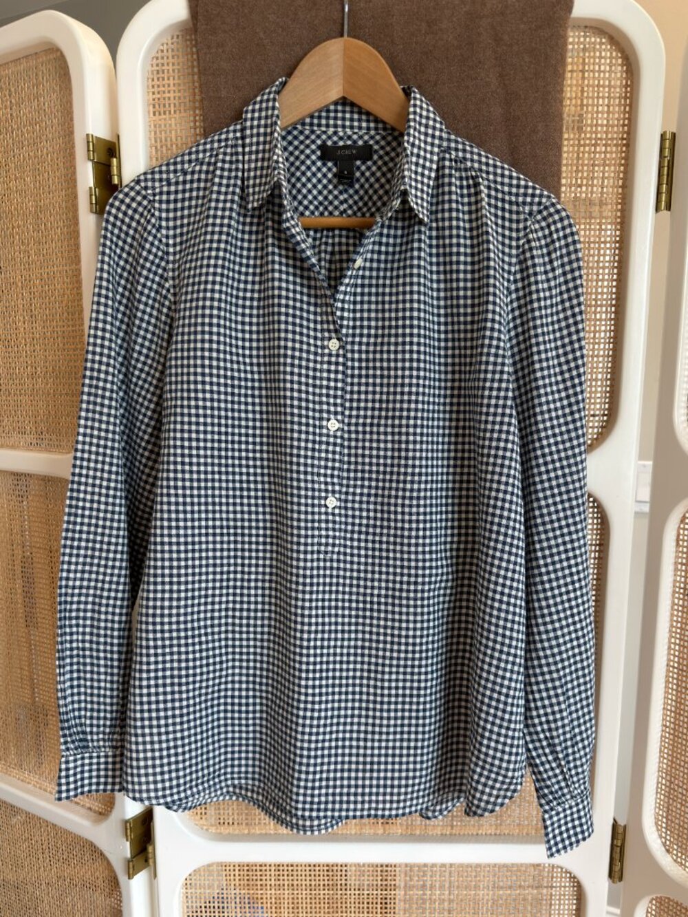 Navy and White Micro Gingham Popover Blouse